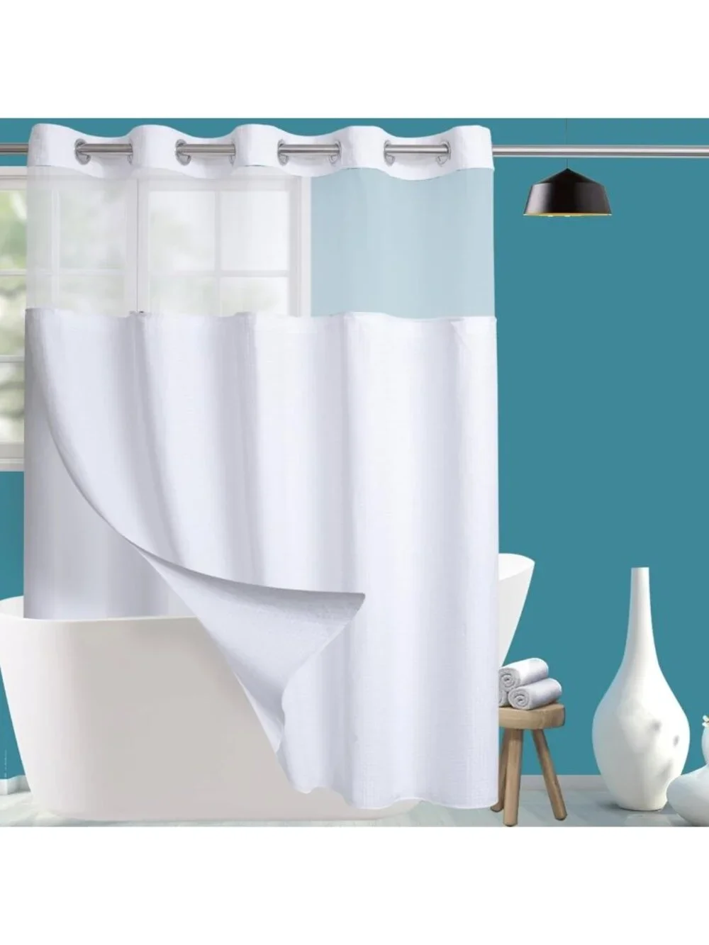 Extra Wide Waterproof Waffle Weave Shower Curtain Set with Snap-in Liner, 108x74